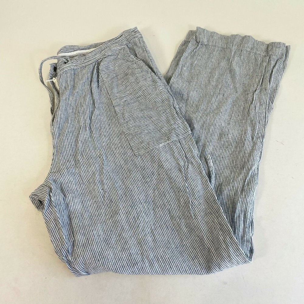 Laundry By Shelli Segal Wide Leg Linen Pants Navy Blue Striped Sz 10 Drawstring